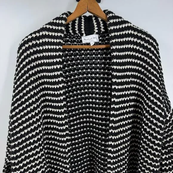 Michael Stars Chunky Cardigan Sweater L Black Cream Open Preppy Cozy Coastal - Picture 2 of 8